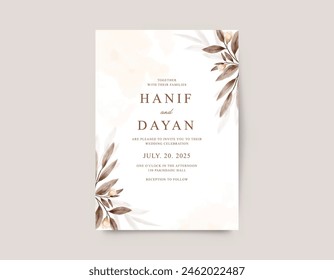 Plantilla de tarjeta de Boda con hojas elegantes acuarela