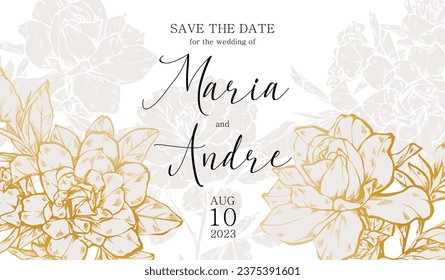 Wedding card template with elegant plants and flowers. Vintage design with golden lines on pastel colors.