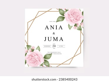 Wedding card template with golden geometric and pink roses