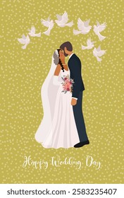 Wedding card template with kissing newlyweds