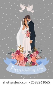 Wedding card template with kissing newlyweds and flowers. Vector illustration