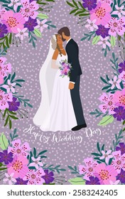 Wedding card template with newlyweds and flowers