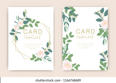 Wedding Card Template With Romantic Greenery, Eucalyptus, Woodsy ,Dusty Pink Wreath and luxury gold Vector illustration.