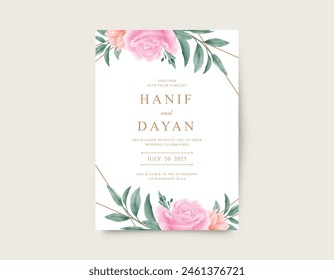 conjunto de Plantilla de tarjeta de boda con líneas de borde geométricas y decoración floral de acuarela