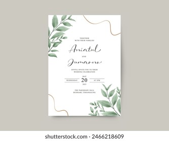 Wedding card template set with green leaves