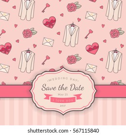 Wedding card template. Vector decorative background for sweet romantic design.