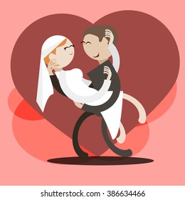 wedding card template vector illustration. Marriage man and woman on a heart background.