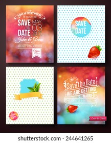 Wedding card templates on colorful abstract backgrounds in shades of red and blue with various text for - Save The Date - with two additional simple designs on polka dot backgrounds