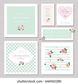 Wedding card templates set. Decorated with roses. Invitation, save the date. Pastel pink and green. Romantic collection, included frames, patterns, narrow hand written alphabet.