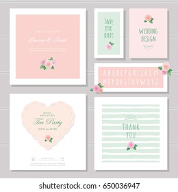 Wedding card templates set. Decorated with roses. Invitation, save the date. Pastel pink and green. Romantic collection, included frames, patterns, narrow hand written alphabet.
