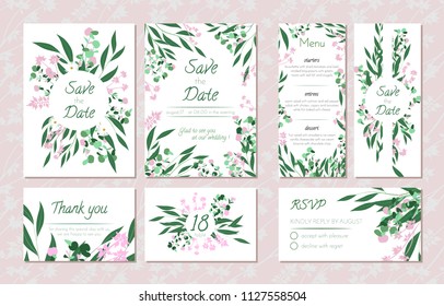 Wedding Card Templates Set with Eucalyptus. Decorative Frames with Leaves, Floral and Herbs Garland. Menu, Rsvp, Label, Invitation with Nature Wreath. Vector Hand Drawn Wedding Cards Isolated on White