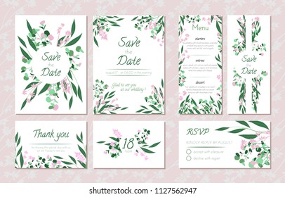 Wedding Card Templates Set with Eucalyptus. Decorative Frames with Leaves, Floral and Herbs Garland. Menu, Rsvp, Label, Invitation with Nature Wreath. Vector Hand Drawn Wedding Cards Isolated on White