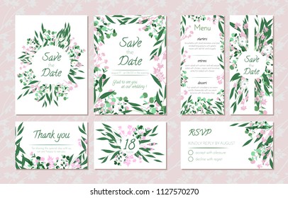 Wedding Card Templates Set with Eucalyptus. Decorative Frames with Leaves, Floral and Herbs Garland. Menu, Rsvp, Label, Invitation with Nature Wreath. Vector Hand Drawn Wedding Cards Isolated on White
