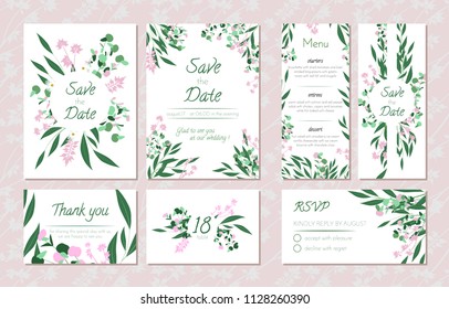 Wedding Card Templates Set with Eucalyptus. Decorative Frames with Leaves, Floral and Herbs Garland. Menu, Rsvp, Label, Invitation with Nature Wreath. Vector Hand Drawn Wedding Cards Isolated on White