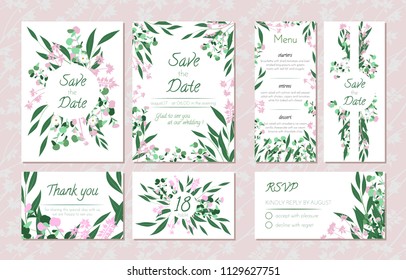 Wedding Card Templates Set with Eucalyptus. Decorative Frames with Leaves, Floral and Herbs Garland. Menu, Rsvp, Label, Invitation with Nature Wreath. Vector Hand Drawn Wedding Cards Isolated on White
