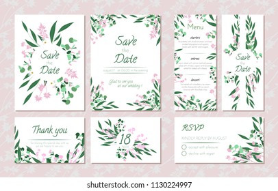 Wedding Card Templates Set with Eucalyptus. Decorative Frames with Leaves, Floral and Herbs Garland. Menu, Rsvp, Label, Invitation with Nature Wreath. Vector Hand Drawn Wedding Cards Isolated on White