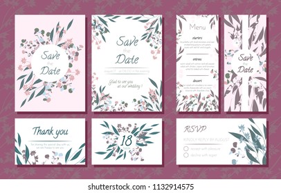 Wedding Card Templates Set with Eucalyptus Branch. Decorative Frames with Leaves, Floral and Herbs Garland. Menu, Rsvp, Label, Invitation with Nature Wreath. Vector Hand Drawn Wedding Cards Isolated.