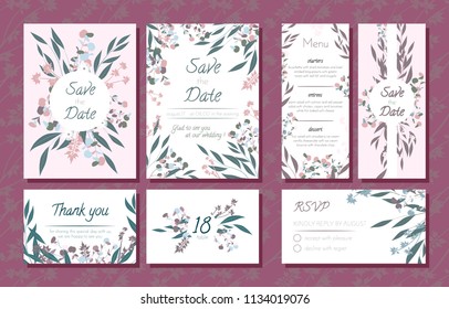 Wedding Card Templates Set with Eucalyptus Branch. Decorative Frames with Leaves, Floral and Herbs Garland. Menu, Rsvp, Label, Invitation with Nature Wreath. Vector Hand Drawn Wedding Cards Isolated.
