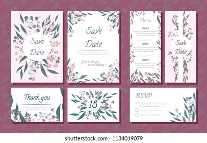 Wedding Card Templates Set with Eucalyptus Branch. Decorative Frames with Leaves, Floral and Herbs Garland. Menu, Rsvp, Label, Invitation with Nature Wreath. Vector Hand Drawn Wedding Cards Isolated.