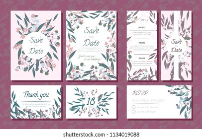 Wedding Card Templates Set with Eucalyptus Branch. Decorative Frames with Leaves, Floral and Herbs Garland. Menu, Rsvp, Label, Invitation with Nature Wreath. Vector Hand Drawn Wedding Cards Isolated.