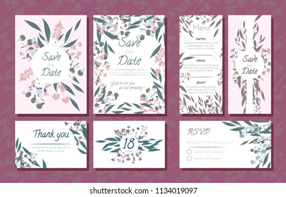 Wedding Card Templates Set with Eucalyptus Branch. Decorative Frames with Leaves, Floral and Herbs Garland. Menu, Rsvp, Label, Invitation with Nature Wreath. Vector Hand Drawn Wedding Cards Isolated.