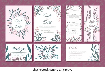 Wedding Card Templates Set with Eucalyptus Branch. Decorative Frames with Leaves, Floral and Herbs Garland. Menu, Rsvp, Label, Invitation with Nature Wreath. Vector Hand Drawn Wedding Cards Isolated.