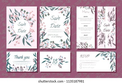 Wedding Card Templates Set with Eucalyptus Branch. Decorative Frames with Leaves, Floral and Herbs Garland. Menu, Rsvp, Label, Invitation with Nature Wreath. Vector Hand Drawn Wedding Cards Isolated.