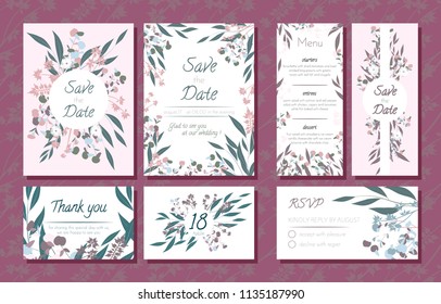 Wedding Card Templates Set with Eucalyptus Branch. Decorative Frames with Leaves, Floral and Herbs Garland. Menu, Rsvp, Label, Invitation with Nature Wreath. Vector Hand Drawn Wedding Cards Isolated.