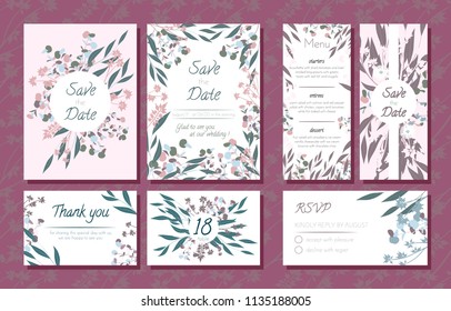 Wedding Card Templates Set with Eucalyptus Branch. Decorative Frames with Leaves, Floral and Herbs Garland. Menu, Rsvp, Label, Invitation with Nature Wreath. Vector Hand Drawn Wedding Cards Isolated.