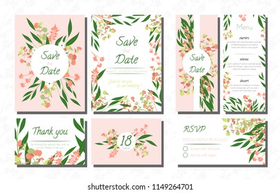 Wedding Card Templates Set with Eucalyptus. Vector Decorative Invitation with Leaves, Floral and Herbs Garland. Menu, Rsvp, Label, Invite with Nature Wreath. Hand Drawn Wedding Cards Design Isolated.