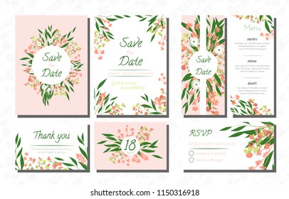 Wedding Card Templates Set with Eucalyptus. Vector Decorative Invitation with Leaves, Floral and Herbs Garland. Menu, Rsvp, Label, Invite with Nature Wreath. Hand Drawn Wedding Cards Design Isolated.