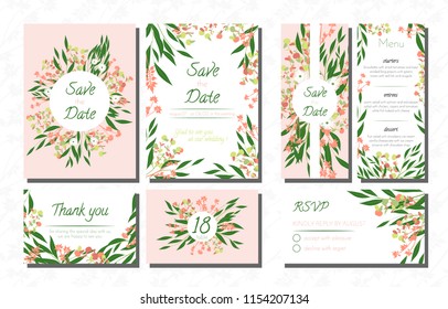 Wedding Card Templates Set with Eucalyptus. Vector Decorative Invitation with Leaves, Floral and Herbs Garland. Menu, Rsvp, Label, Invite with Nature Wreath. Hand Drawn Wedding Cards Design Isolated.