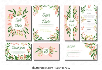 Wedding Card Templates Set with Eucalyptus. Vector Decorative Invitation with Leaves, Floral and Herbs Garland. Menu, Rsvp, Label, Invite with Nature Wreath. Hand Drawn Wedding Cards Design Isolated.