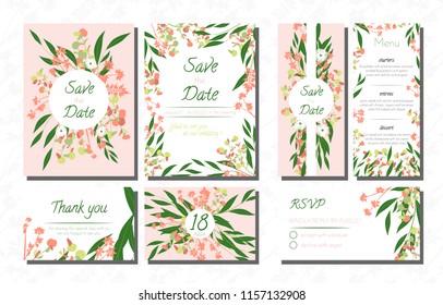 Wedding Card Templates Set with Eucalyptus. Vector Decorative Invitation with Leaves, Floral and Herbs Garland. Menu, Rsvp, Label, Invite with Nature Wreath. Hand Drawn Wedding Cards Design Isolated.