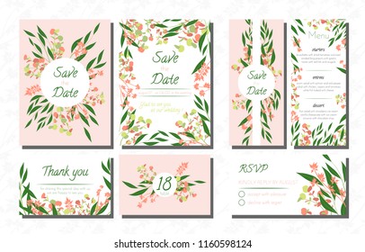 Wedding Card Templates Set with Eucalyptus. Vector Decorative Invitation with Leaves, Floral and Herbs Garland. Menu, Rsvp, Label, Invite with Nature Wreath. Hand Drawn Wedding Cards Design Isolated.