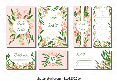Wedding Card Templates Set with Eucalyptus. Vector Decorative Invitation with Leaves, Floral and Herbs Garland. Menu, Rsvp, Label, Invite with Nature Wreath. Hand Drawn Wedding Cards Design Isolated.