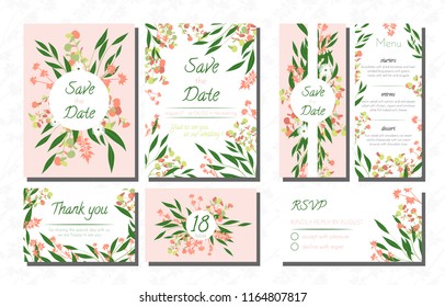 Wedding Card Templates Set with Eucalyptus. Vector Decorative Invitation with Leaves, Floral and Herbs Garland. Menu, Rsvp, Label, Invite with Nature Wreath. Hand Drawn Wedding Cards Design Isolated.