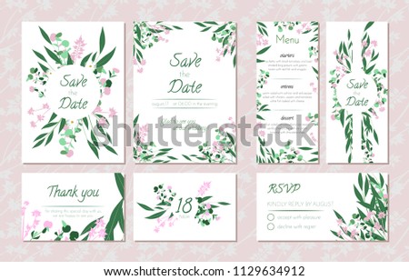 Wedding Card Templates Set with Eucalyptus. Decorative Frames with Leaves, Floral and Herbs Garland. Menu, Rsvp, Label, Invitation with Nature Wreath. Vector Hand Drawn Wedding Cards Isolated on White