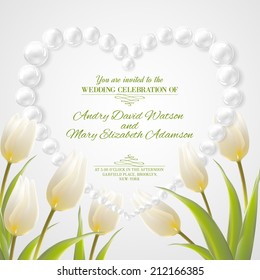 Wedding card with tulips and gems. Vector illustration.