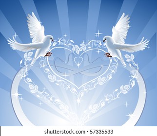 Wedding card. Two doves soaring with the roses wreath.