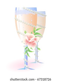 Wedding Card Of Two Flute Of Champagne With Flowers And Pearls