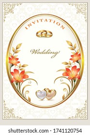 Wedding card, vector background design with flowers, rings and hearts for invitation, greetings