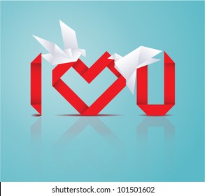 Tarjeta de matrimonio: Corazón de origami vectorial y letras que representan yo TE AMO frase y dos palomas de origami