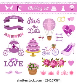 Wedding card vector set. Love design elements isolated. Save the date card. Wedding invitation card template. Wedding set, hearts, wreaths, ribbons, cake, coach, balloon, ring, bicycle and labels.