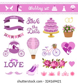 Wedding card vector set. Love design elements isolated. Save the date card. Wedding invitation card template. Wedding set, hearts, wreaths, ribbons, cake, coach, balloon, ring, bicycle and labels.