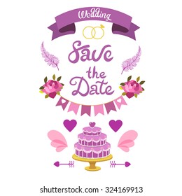 Wedding card vector set. Love design elements isolated. Save the date card. Wedding invitation card template. Wedding set, hearts, wreaths, ribbons, cake, ring.