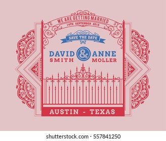 Wedding card. vintage label with forged metal elements separated by layers