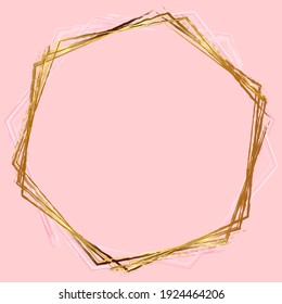 Wedding card in vintage style with a gold frame on a pink background. Watercolor illustration. Festive background for invitation and greeting cards.