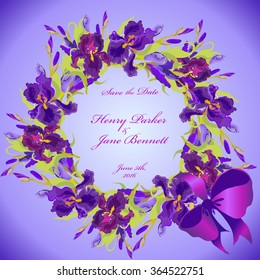 Wedding card with violet, lilac and blue iris flower wreath and ribbon with bow. Iris bouquet hand drawn vector illustration. Printable circle design on square background. Save the date text place.