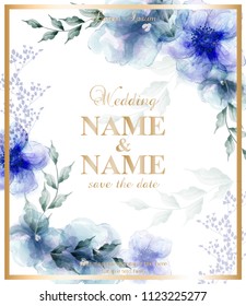 Wedding Card With Watercolor Blue Flowers Vector Illustrations